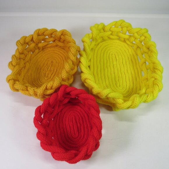 Fall (3) Baskets hand knit & woven Round Orange, Yellow, Red Organic Modern - Picture 1 of 10